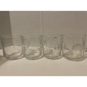 Princess House Heritage Etched Glass Coffee Mugs Tea Cups Set of 4 Clear Floral